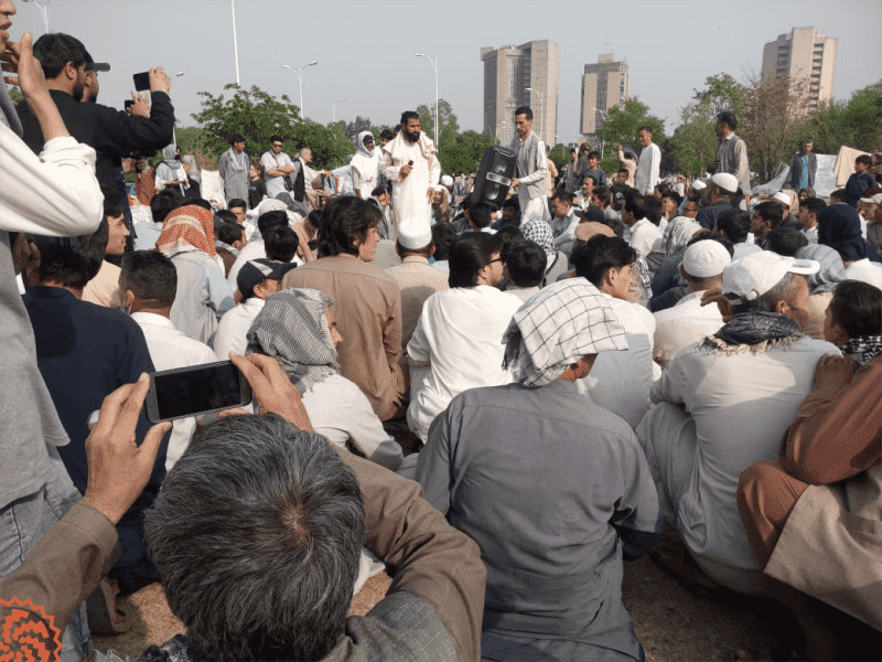 Afghan protesters gather in front of the Islamabad National Press Club