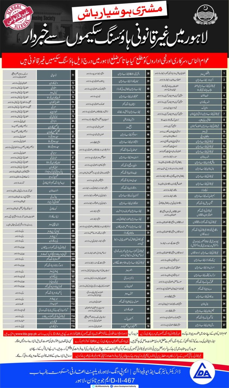 The notification issued by LDA mentioning names of illegal housing schemes in Lahore